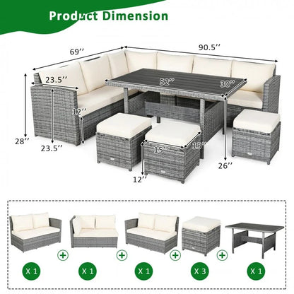 7 Pieces Outdoor Wicker Sectional Sofa Set with Dining Table