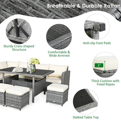 7 Pieces Outdoor Wicker Sectional Sofa Set with Dining Table