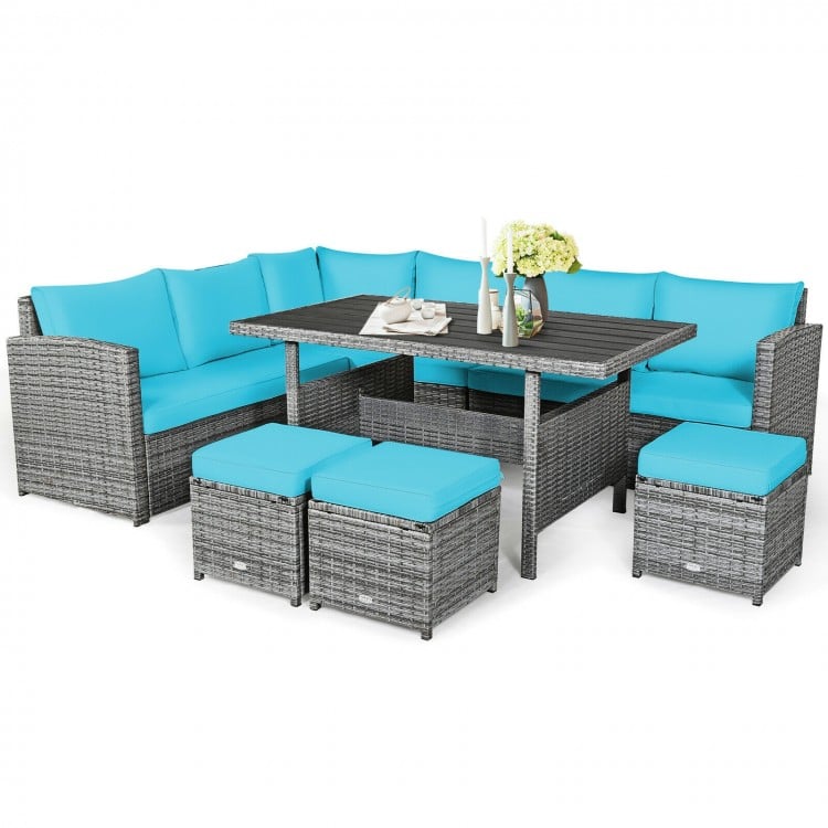 7 Pieces Outdoor Wicker Sectional Sofa Set with Dining Table