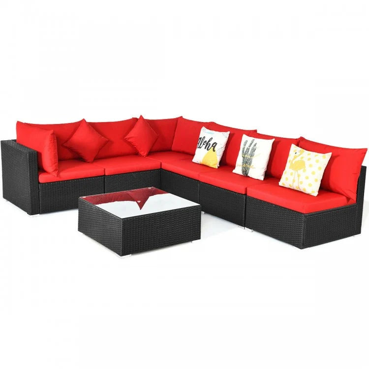 7 Pieces Sectional Wicker Furniture Sofa Set with Tempered Glass Top Coffee Table