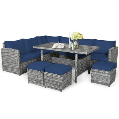 7 Pieces Outdoor Wicker Sectional Sofa Set with Dining Table