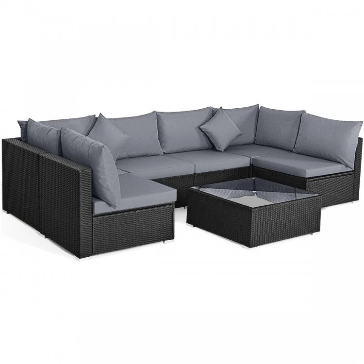 7 Pieces Sectional Wicker Furniture Sofa Set with Tempered Glass Top Coffee Table