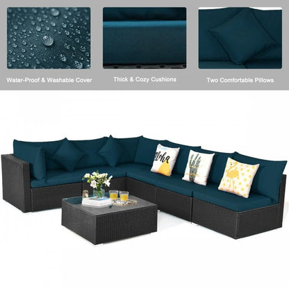 7 Pieces Sectional Wicker Furniture Sofa Set with Tempered Glass Top Coffee Table