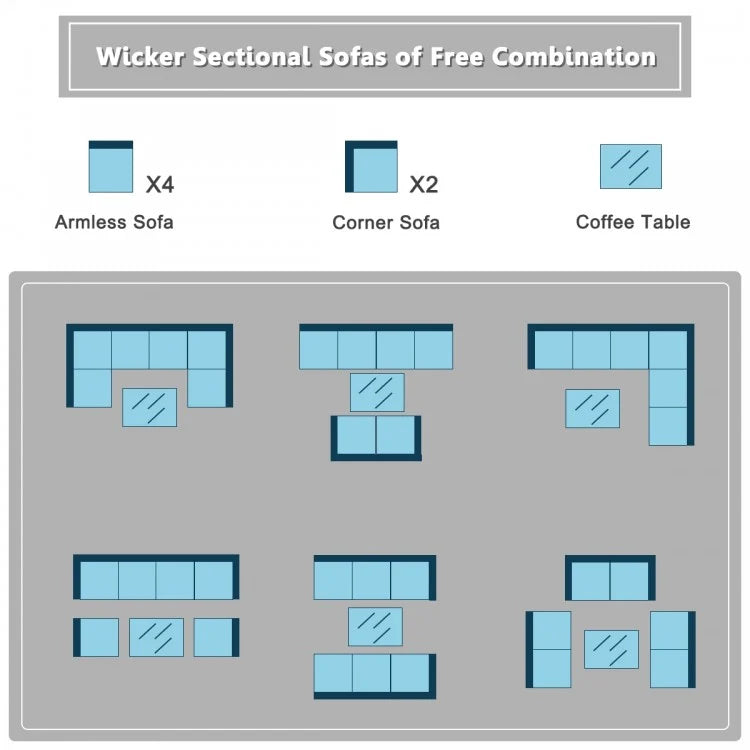 7 Pieces Sectional Wicker Furniture Sofa Set with Tempered Glass Top Coffee Table