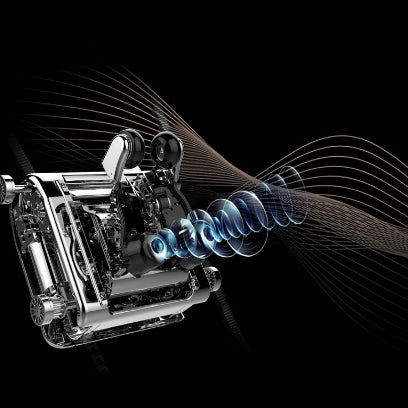 Technical drawing of a mechanical device with blue energy waves on a black background