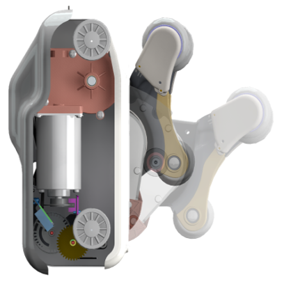 Close-up of a mechanical device with visible gears and components on a white background